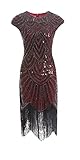 MIMIKRY 20er Jahre Charleston Pailletten Kleid Rot/Schwarz mit Fransen Flapper Damen-Kostüm, Größe:XL