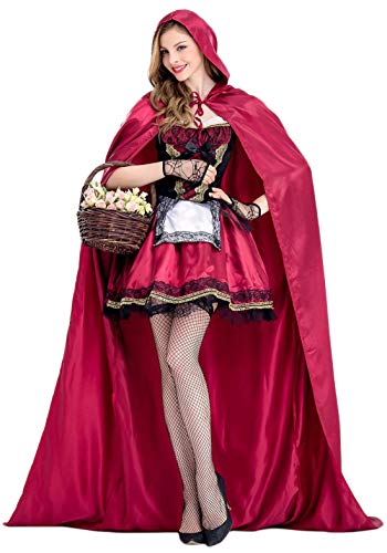 Monissy Damen Rotkäppchen Kleid Sexy Gothic Retro Dluxe Kostüm mit Umhang Kurze Kleider für Weihnachts Karneval Party Gothic Red Riding Hood Partykleid Halloween Fasching Fastnachtskostüme Rot