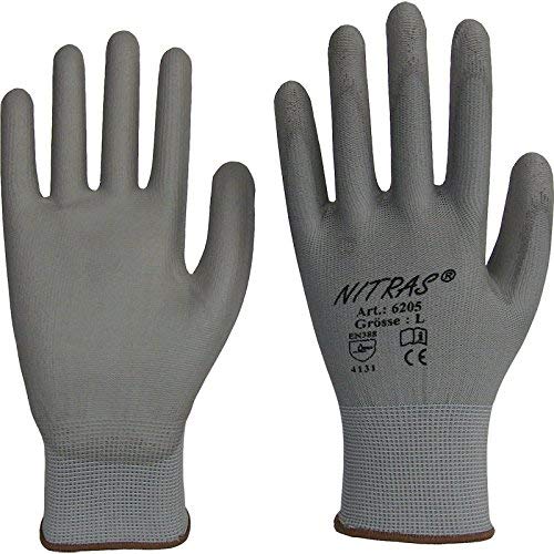 12 Paar Montagehandschuh Nylon NITRAS 6205 Grau PU Handschuhe Gr. XL (9)