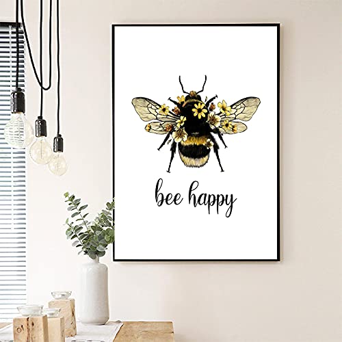 Inspirierendes Zitat Poster Bee Happy Print Be Yourself Bumblebee Sunflower Wall Art Canvas Painting Natural Print Decor 40x50cm Frameless
