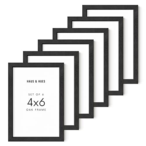 HAUS AND HUES Massives Eichenholz Schwarz 10,2 x 15,2 cm Bilderrahmen für Wand oder Tischplatte Set von 6-4x6 schwarze Bilderrahmen, schwarzer Holz-Bilderrahmen 4x6 Set, schwarze Rahmen für