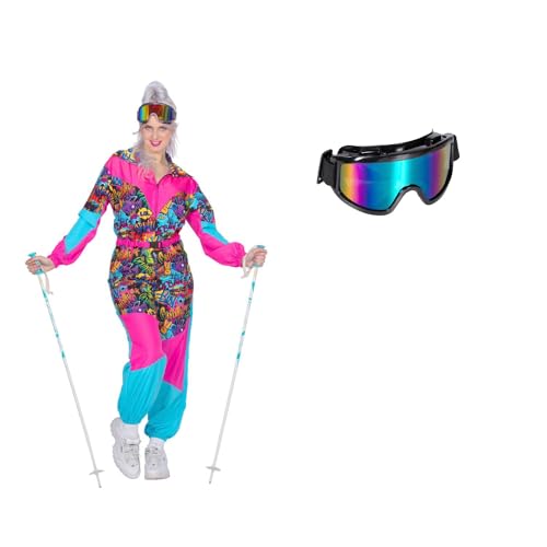 MIMIKRY 80er Jahre Ski-Anzug Graffiti Damen-Kostüm mit Brille 80's Overall Einteiler Trash Apres Ski, Größe:44