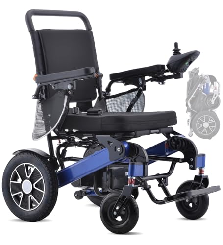 Broobey Tragbare elektrische Rollstühle für Erwachsene, leichter elektrischer Rollstuhl, Unterstützung 150kg, Elektrisch Motorisierter Klapp Rollstuhl für Senioren,Blau