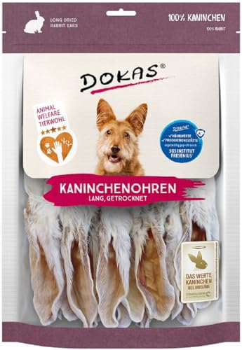 DOKAS Kaninchenohren mit Fell - Getreidefreier Premium Natursnack für Hunde aus 100% Kaninchen - Lang für große Hunde - 1 x 180 g