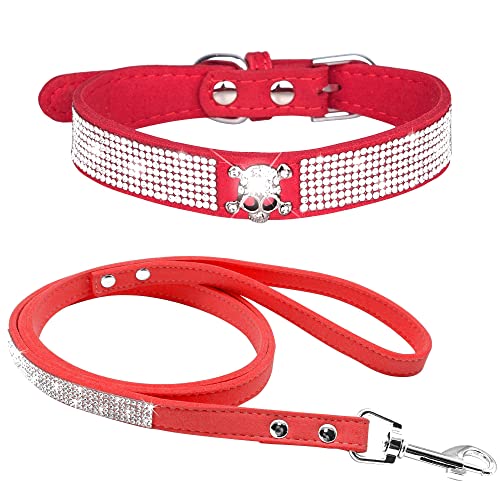 Strass-Hundehalsband, niedliches schillernd, funkelndes, weiches Samt-Leder-Hundehalsband und Leine-Set für kleine Haustiere, Hunde, Katzen, Welpenhalsband (S:27-33 cm, Rot-5)