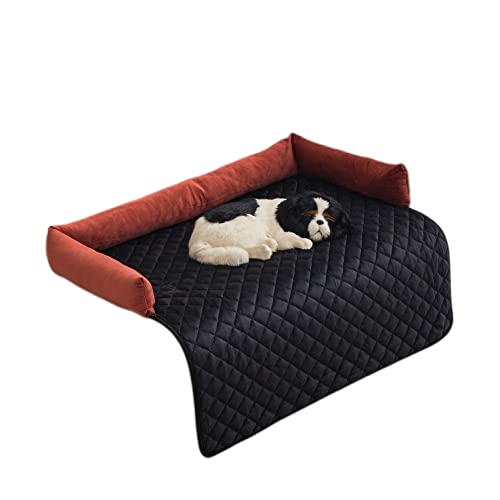 Warton Premium Silky Velvet Haustier Schlafsofa, rutschfest, wasserdicht, waschbarer Sofaschutz mit 3-seitigen Polsterkissen, Möbelschutz Haustierbezug für Hunde und Katzen Rot & Schwarz M