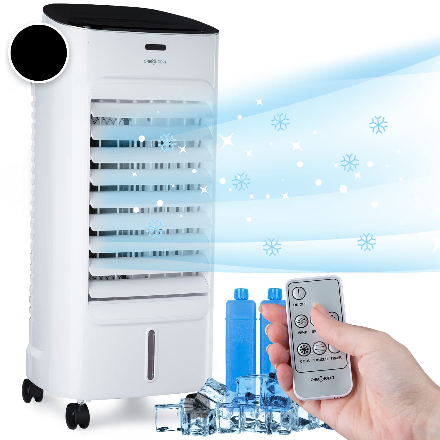 oneConcept Luftkühler mit Wasserkühlung, 4-in-1 Verdunstungskühler, Luftbefeuchter, Ventilator & Luftreiniger, Mobile Klimageräte Luftkühler, Leiser 60W Air Cooler, 320m³/h Kühlender Luftstrom