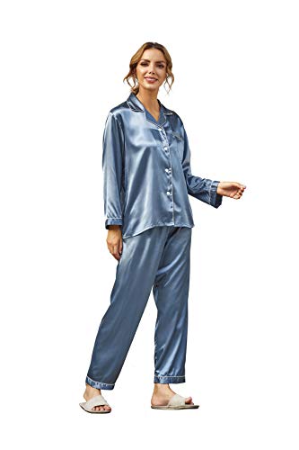 Ladieshow Damen Pyjama Satin Damen Pyjama Set Langarm Nachtwäsche Zweiteiliges Set, Grau / Blau, S