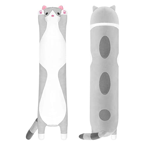 KUNSTIFY Seitenschläferkissen Katze Kuscheltier für Kinder, Schwangere und als Geschenkidee (150cm, Grau/Weiß)