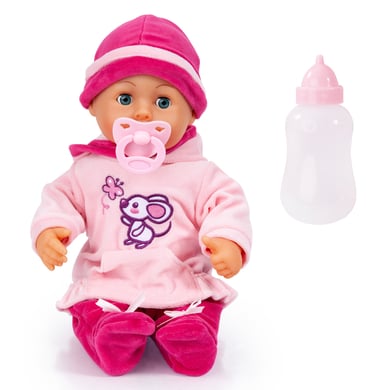 Bayer Design 93824BD Babypuppe First Words mit Schlafaugen, 24 Babylaute, 38 cm, pink, rosa mit Maus