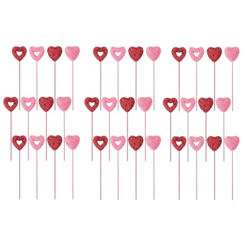 GKKICO Valentine Glitzer-Schaumstoff-Herzen, Stiele, Valentinstags-Blumen-Plektren, Rot und Rosa, 36 Stück