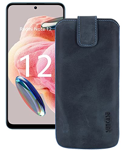 Suncase ECHT Ledertasche Leder Etui *Slim-Edition* kompatibel mit Xiaomi Redmi Note 12 4G Hülle (mit Rückzugsfunktion und Magnetverschluss) in Pebble-Blue