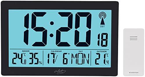 infactory Funkuhr Digital: XL-Funkuhr mit Doppel-Wecker, Thermo-/Hygrometer, Tag, Datum, schwarz (Uhr Digital)