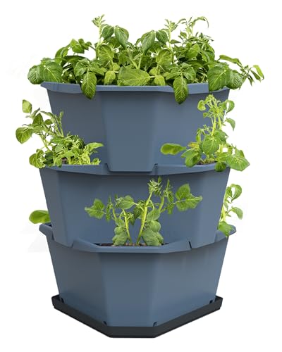Paul Potato Starter Kartoffelturm - stapelbar - Hochbeet/Pflanzgefäß/Blumentopf für Balkon, Garten und Terrasse (3 Etagen, Blau) inkl. Untersetzer