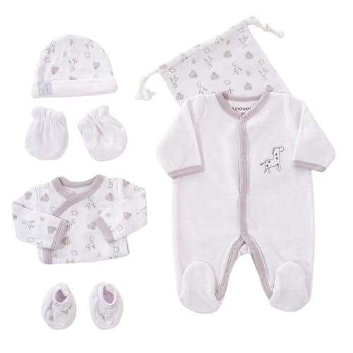 KINOUSSES - Geburts-Set 6-teilig - 1 Monat - weißer Samt - Motiv Giraffe - (Pyjama, Body, Mütze, Fäustchen, Hausschuhe und Aufbewahrungsbeutel) - Geschenk für Babys, Unisex, Jungen und Mädchen