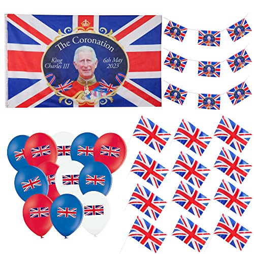 Toyland® King Charles III Coronation Party Bundle – 5 Fuß x 3 Fuß Souvenirflagge, 12 Handflaggen, 6 m Souvenir Wimpelkette & 30 Union Jack Luftballons – Britische Dekorationen