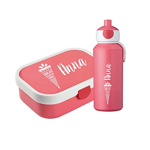 4youDesign Set: rosa Brotdose mit Fächern & Trinkflasche -Schultüte-kursiv- - personalisiert mit Namen I Geschenkidee zur Einschulung für Jungen & Mädchen