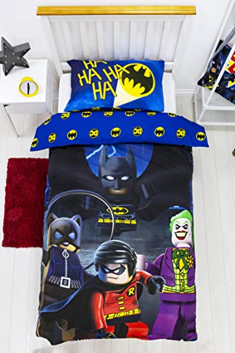 Lego Offizielles Batman DC Einzelbett-Bettbezug | Superhelden-Design | Jungen & Kinder & Teenager Wende-Bettwäsche Set & Kissenbezug blau
