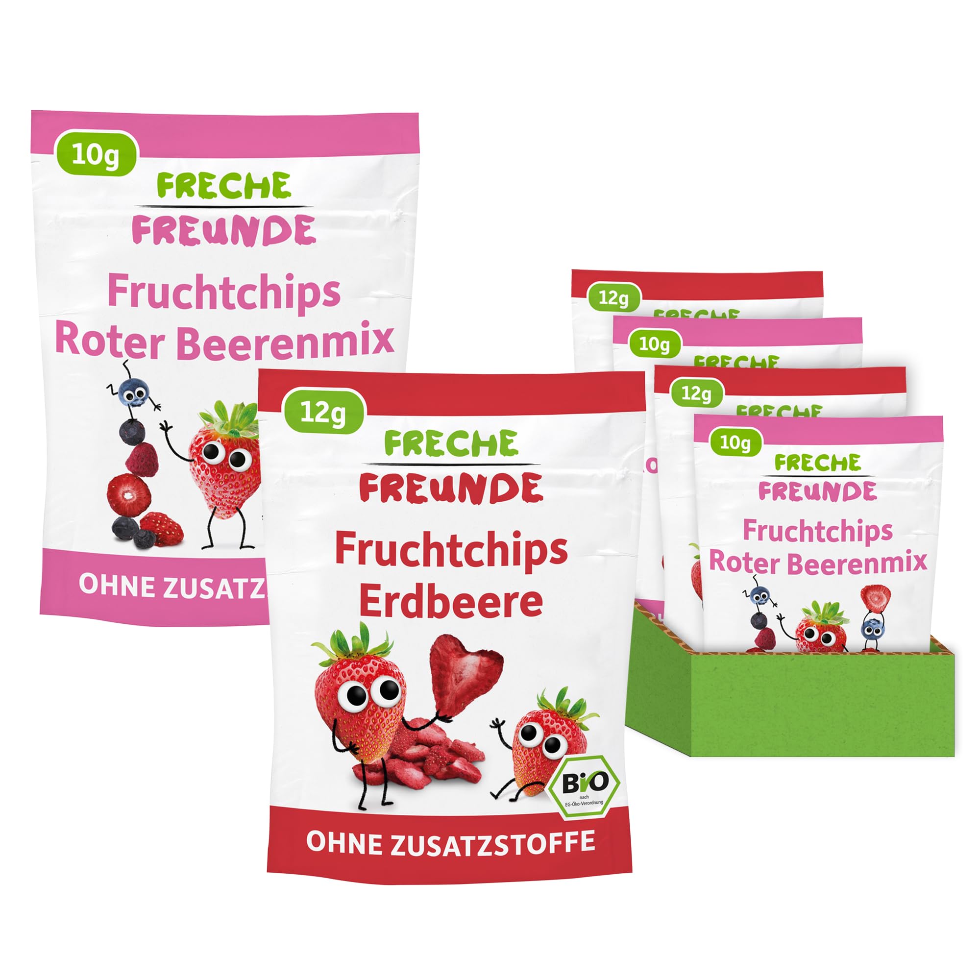 FRECHE FREUNDE Bio Fruchtchips 12 x Erdbeere & 12 x Roter Beerenmix, gefriergetrocknete Obst Chips Erdbeere, ohne Zuckerzusatz, vegan, laktosefrei, glutenfrei, 24er Pack (12 x 12 g & 12 x 10g)
