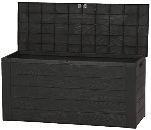 Garten KIssenbox für Auflagen in Holz Optik - ca. 120 x 58 x 48 cm - Kunststoff Auflagenbox mit Deckel 300 Liter anthrazit / braun - Garten Truhe Box