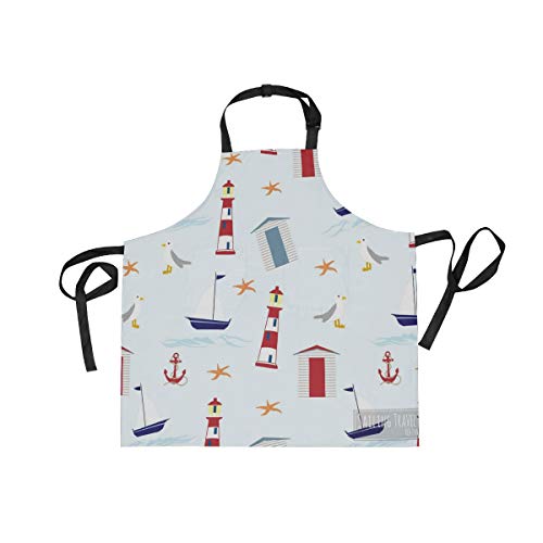 LORONA Segelschürze mit nautischen Bildern, Unisex, verstellbare Latzschürze mit 2 Taschen zum Kochen, Backen, Gartenarbeit für Damen und Herren