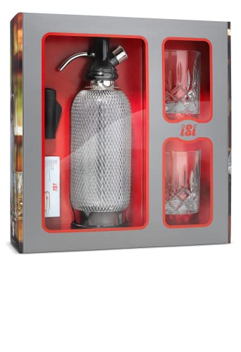 iSi Soda Maker Classic Geschenkset, Inkl. 2 x Gläser & 10 Sodakapseln , Soda Siphon, Wassersprudler 1,0L, Edelstahl, Barzubehör für prickelndes Sprudelwasser