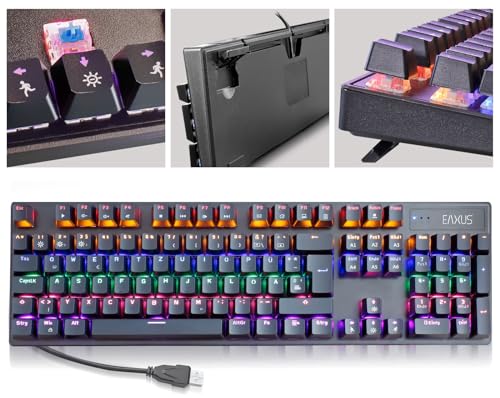 Eaxus® Mechanische Gaming Tastatur - LED Gaming Keyboard mit Makrotasten & Blue Switches, USB 1000 Hz Pollingrate, QWERTZ, Schwarz