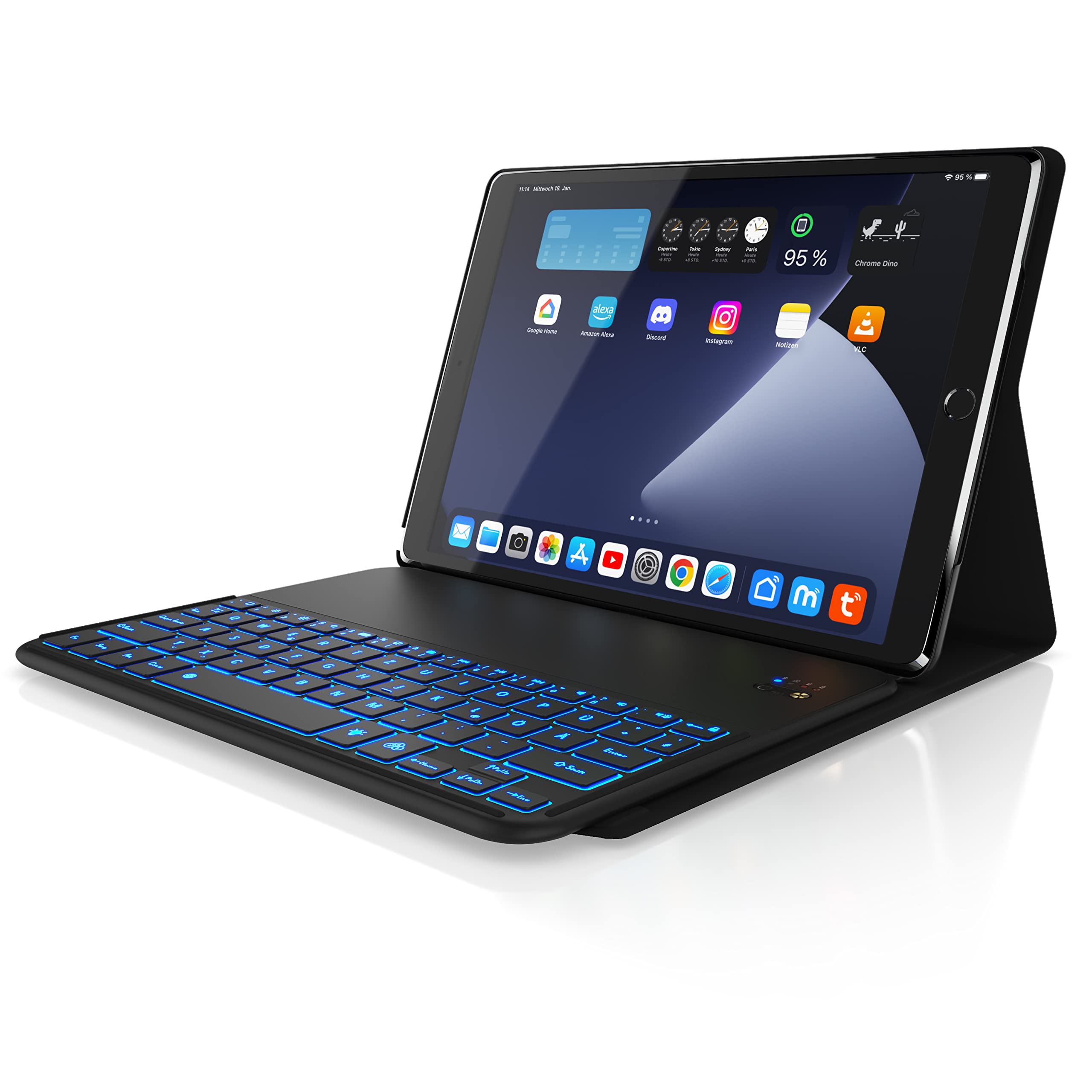 CSL - Bluetooth Tastatur - kompatibel mit Tablet iPad Pro 10.5”/ Air3 10.5” - Kunstleder - Keyboard - Tastaturbeleuchtung 7 Farben - Funktionstasten - QWERTZ Layout