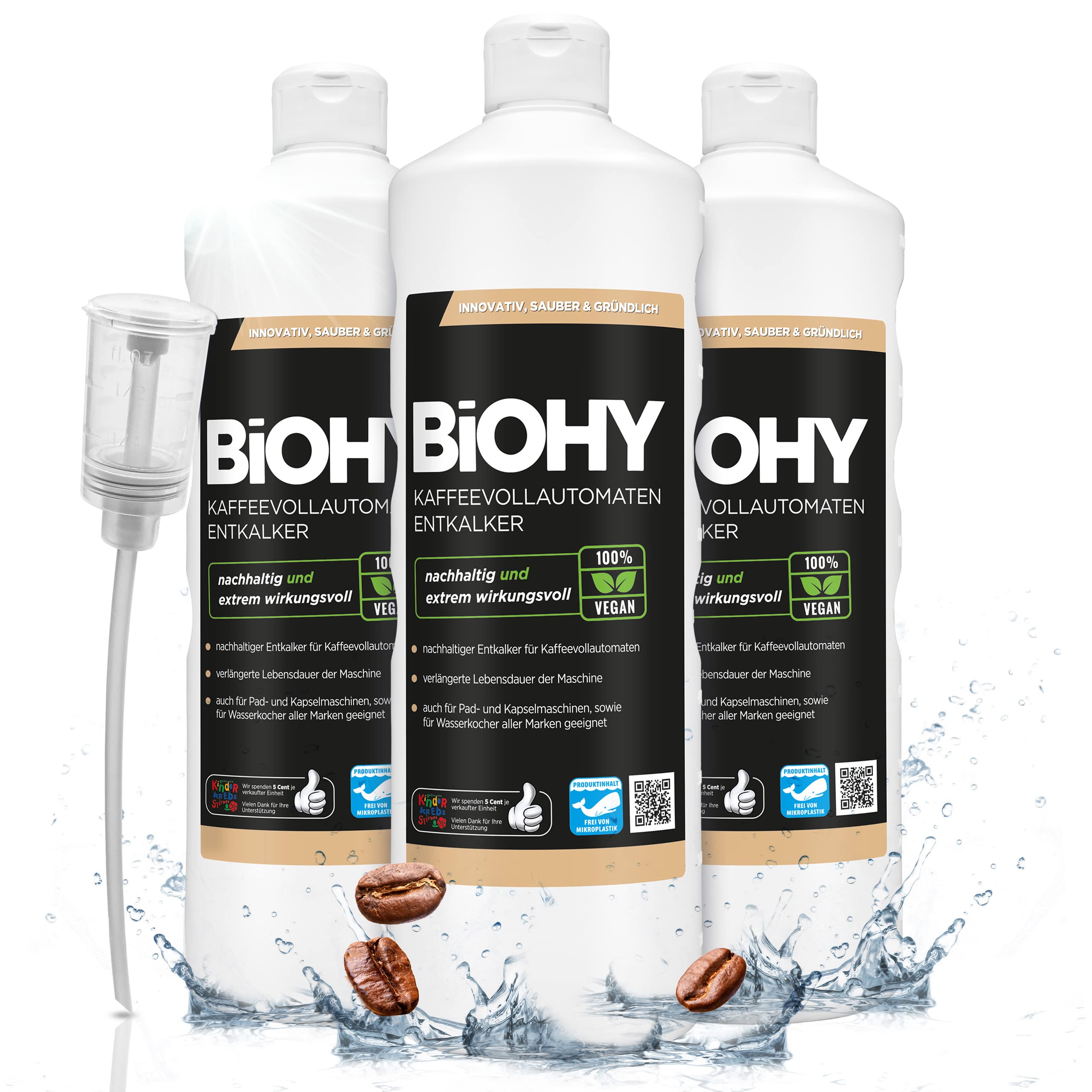 BiOHY Kaffeevollautomaten Entkalker (3 x 1 Liter) + Dosierer | Flüssiger Entkalker für Kaffeemaschinen & Wasserkocher | effektiver Kalklöser für alle Marken | mit allen Geräten kompatibel