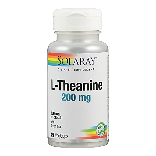 Solaray L-Theanin | 200 mg | 45 Kapseln | vegan | glutenfrei | laborgeprüft | ohne Gentechnik | Nahrungsergänzungsmittel mit Aminosäure & Grüntee
