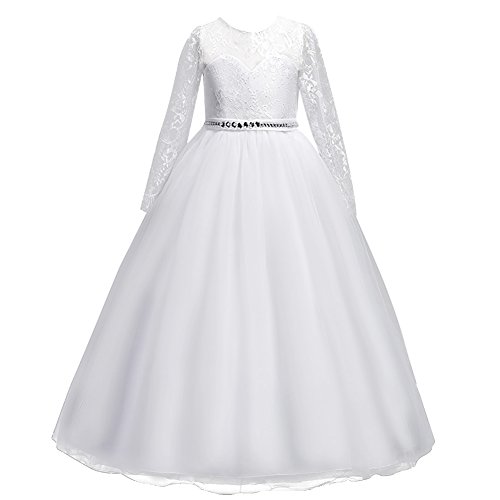 IBTOM CASTLE Festlich Mädchen Kleid für Kinder Sweet Prinzessin Langarm Spitzen Kleider Hochzeit Blumenmädchenkleid weiß 11-12 Jahre