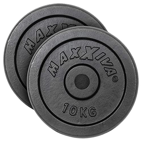 MAXXIVA Hantelscheiben 2er Set Gewichtsplatte je 10 kg 100% Gusseisen schwarz 20 kg Fitness Krafttraining Bodybuilding Workout Gewichtheben Reha