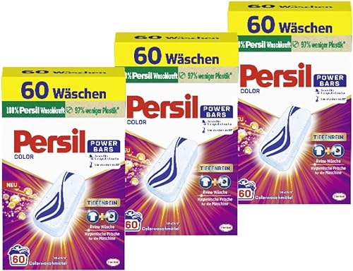 Persil Power Bars Color Waschmittel (3 x 60 Waschladungen), vordosiertes Buntwaschmittel mit biologisch abbaubarem Schutzfilm, für reine Wäsche & hygienische Frische für die Maschine