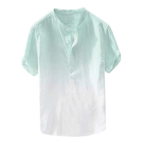 Yowablo Leinenhemd Slim-Fit Kurzarm Herren Sommer cool und dünn atmungsaktiv Kragen hängen gefärbte Farbverlauf Baumwolle Shirt (5XL,1Blau)