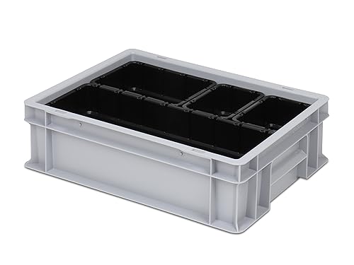 Einsatzkasten Einteilungs-Set für Eurobehälter, Schubladen mit Innenmaß 362x262 mm (LxB), 102 mm hoch, verschiedene Größen/Farben (4er Mix Set inkl. Box, schwarz)