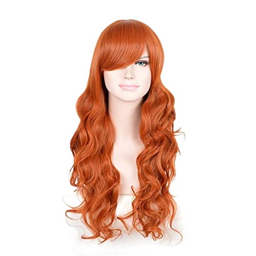 Wig For Women Long Curly Wave Wigs With Side Bangs for Women Orange Wig Cap Synthetic Wig Costume Cosplay Hair Charming for Party
