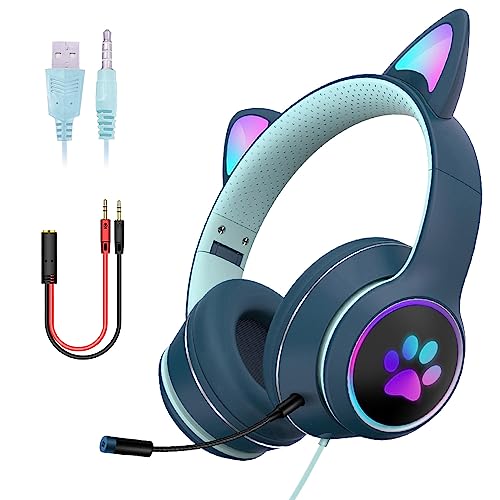 LED-Katzenohr-Kopfhörer, Gaming-Headset für Erwachsene und Jugendliche, verstellbares, gepolstertes Kopfband, abnehmbares Mikrofon, Geräuschunterdrückung und RGB-Licht (Blau, USB + 3,5 mm Klinke)