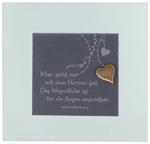 Schieferrelief "Man sieht nur mit dem Herzen gut" auf Mattglas mit Bronzeherz, 17 x 17 cm