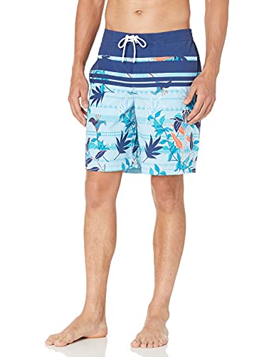 28 Palms 9" Inseam Tropical Hawaiian Print Board Shorts, Light Blue/Navy Floral Stripe, 38