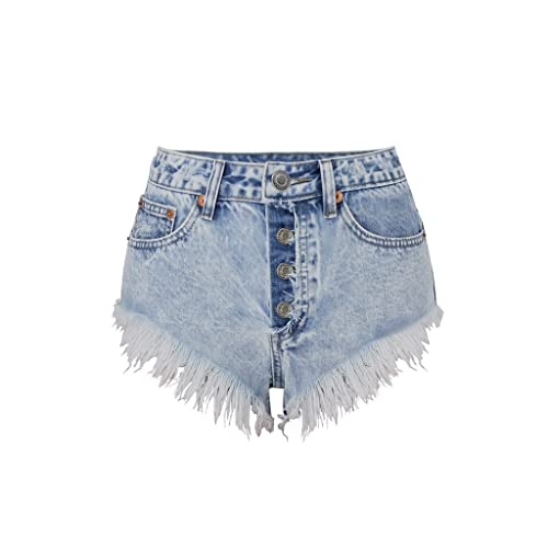 XCC Damen Sommer High Waist Breasted Worn Washed Snowflake Damen Denim Shorts Strand Hot Pants (Color : Blue, Size : S)