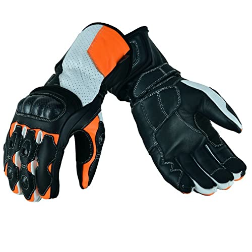 Herren Motorrad Handschuhe Leder Sport Carbon Motorradhandschuhe mit Protektoren, Orange (L)