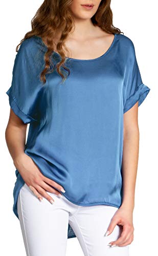 Caspar BLU017 leichte Elegante Damen Seidenglanz Kurzarm Sommer Shirtbluse, Farbe:Jeans blau, Größe:M/L