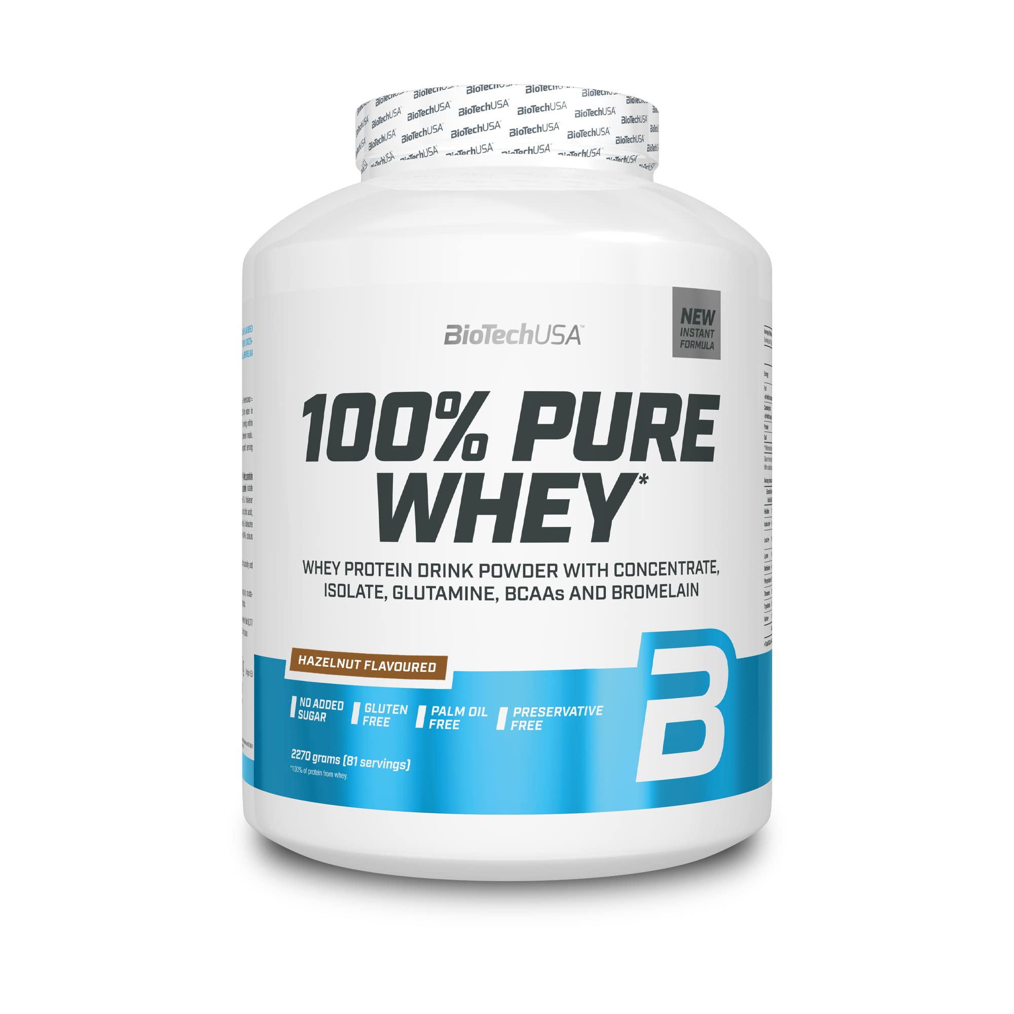 BioTechUSA 100% Pure Whey | Proteinpulver mit BCAA und Glutamin | Glutenfrei, Palmölfrei | 28g Protein pro Portion, 2.27 kg, Haselnuss