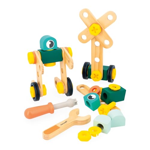 Janod Brico'Kids 50-teiliges Fass-Bauspiel Kind-Inklusive 48 Zubehörteile + 2 Werkzeuge-Rollenspiel-Fördert Handgeschicklichkeit und Kreativität-Ab 3 Jahre, J06453, Multicolor