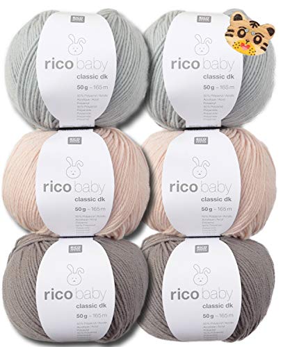 Woll-Set Babywolle Rico Baby Classic 6x50g #5, Strickpaket, Häkelpaket mit Tierknopf, weiche Wolle zum Stricken und Häkeln