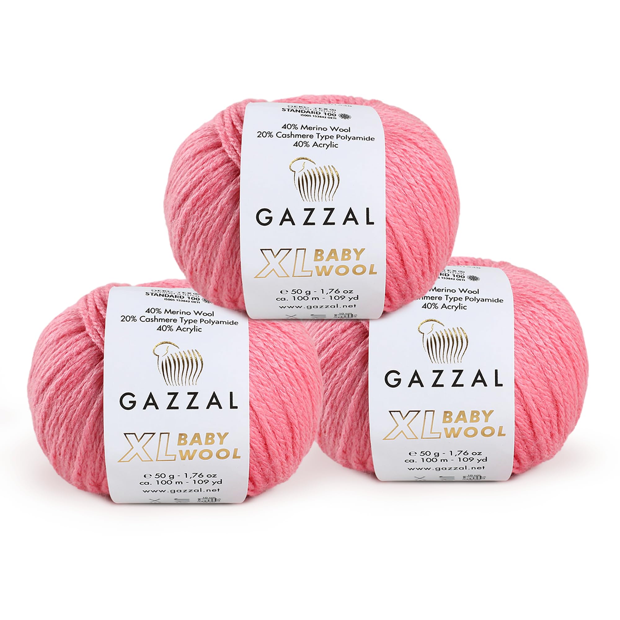Gazzal Babywolle XL insgesamt 150 g, jeder Knäuel 50 g, 100 m, superweich, mittelkammgarn, 40 % Lana Merino, 20 % Kaschmir, 3 Stück Typ Polyester Amid, Pink - 828