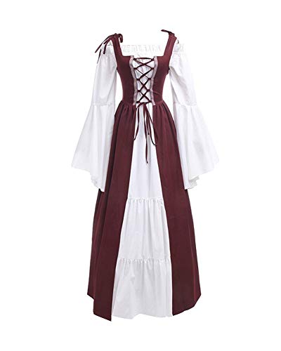 Mengyu Damen Mittelalter-Kostüm Langarm Vintage Retro Mittelalterkleid Gothic Prinzessin Kleid Weinrot S