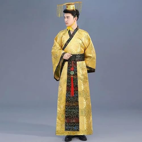 AJOHBM Antikes chinesisches Han-Dynastie-Kaiser-Kostüm, gelber Tang-Anzug, Kostüm, männliche Robe + Hut-Anzug, Hanfu, Cosplay, Bühnenkostüm