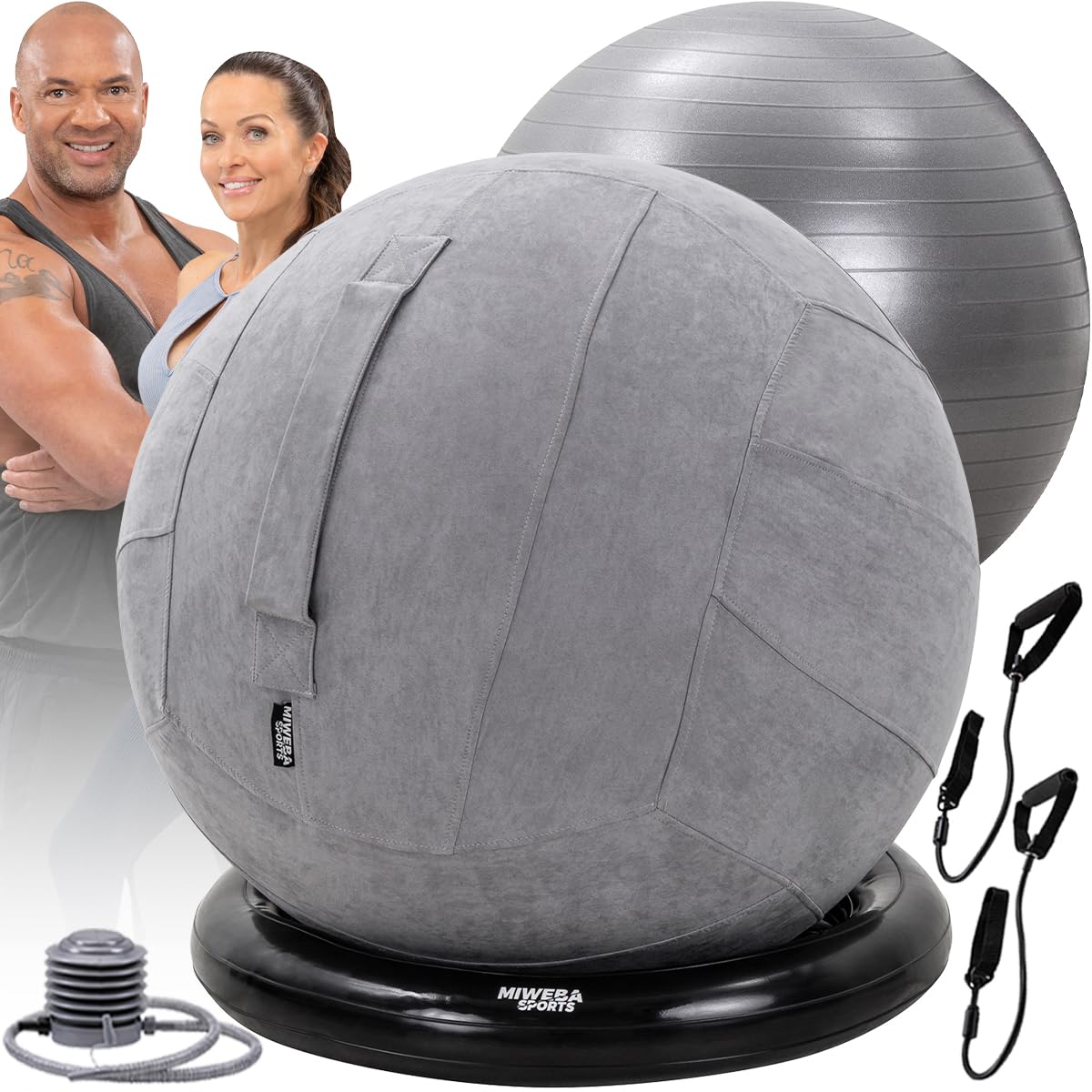 Miweba Sports Gymnastikball-Set - Traglast 500 Kg - 65 cm - Gymnastikball und Ballauflage aus PVC - Sitztrainer - Fitnessball Stuhl - Ergonomischer Sitzball - Sitzalternative Büro (Grau)