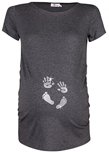 HAPPY MAMA. Damen Baby Hände Fußabdruck T-Shirt Top Oberteil Schwangere. 013p (Graphit Melange, EU 40/42, L)